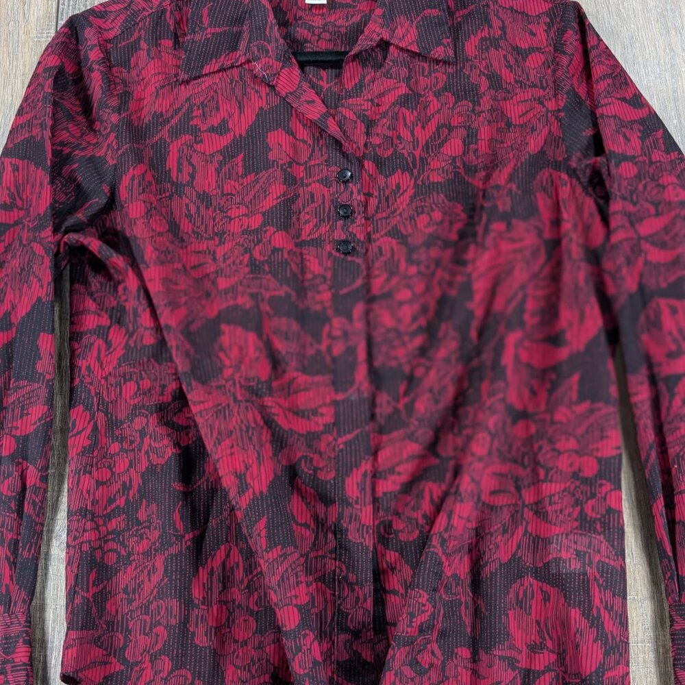 Coldwater Creek Top Womens Medium Petite Red Floral Button Up Long Sleeve - Picture 2 of 9